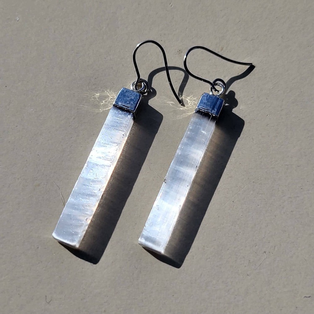Selenite Crystal Bar Dangle Earrings White Silver Tone Rectangle Drop Fishhook